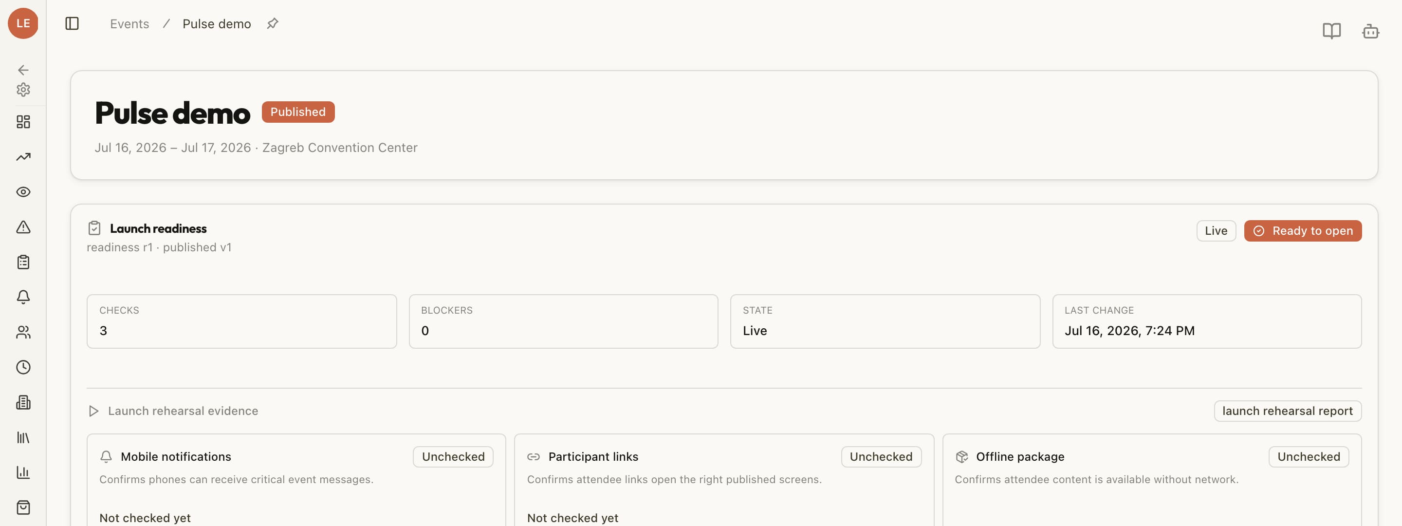 The organizer panel in Mostik: launch readiness, live status, checks and blockers.