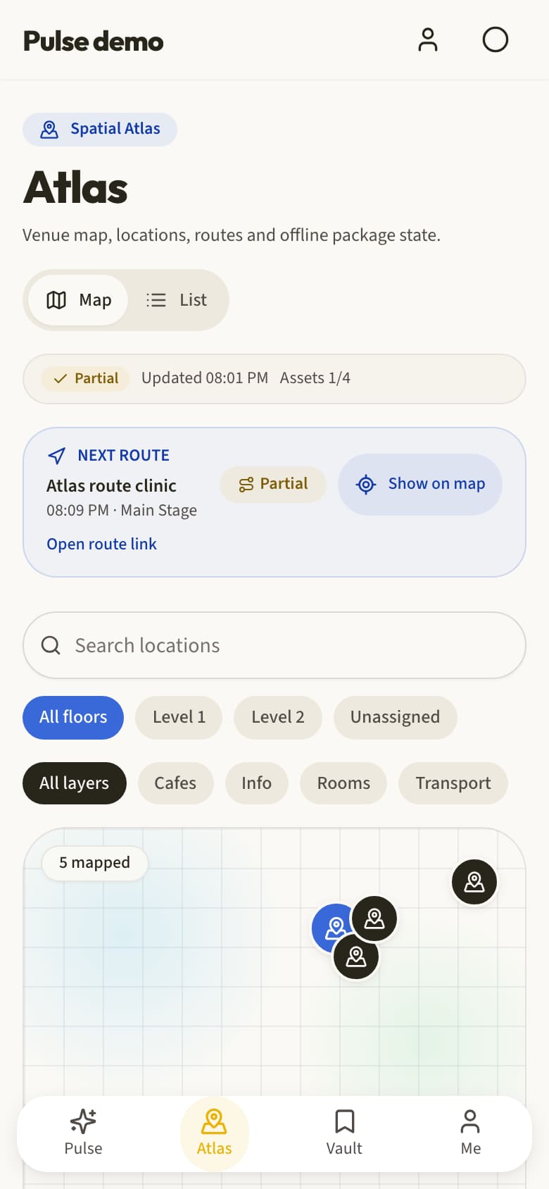 The venue map in the Mostik app: rooms, points, and the attendee's next route.