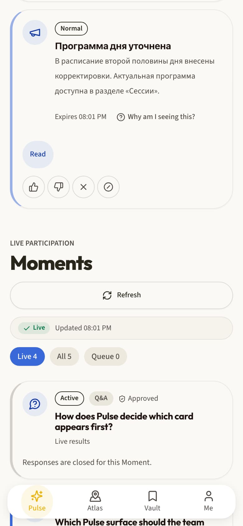 Live moments in the Mostik app: a program change announcement, a question to the speaker, and a session poll.