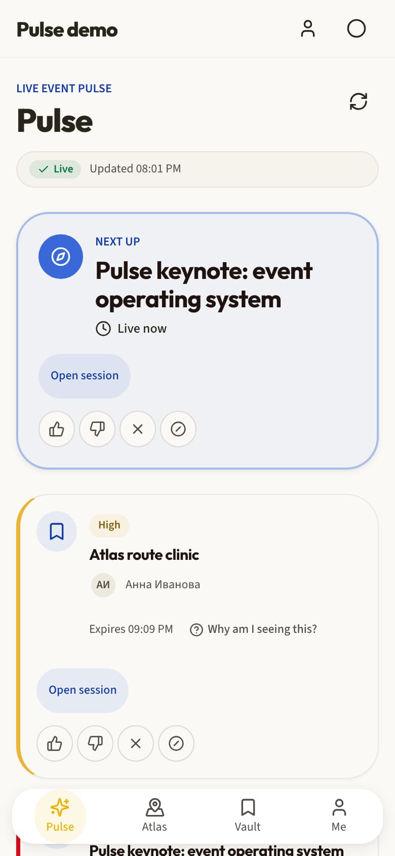 The Pulse screen in the Mostik app: current session and the attendee’s next step.
